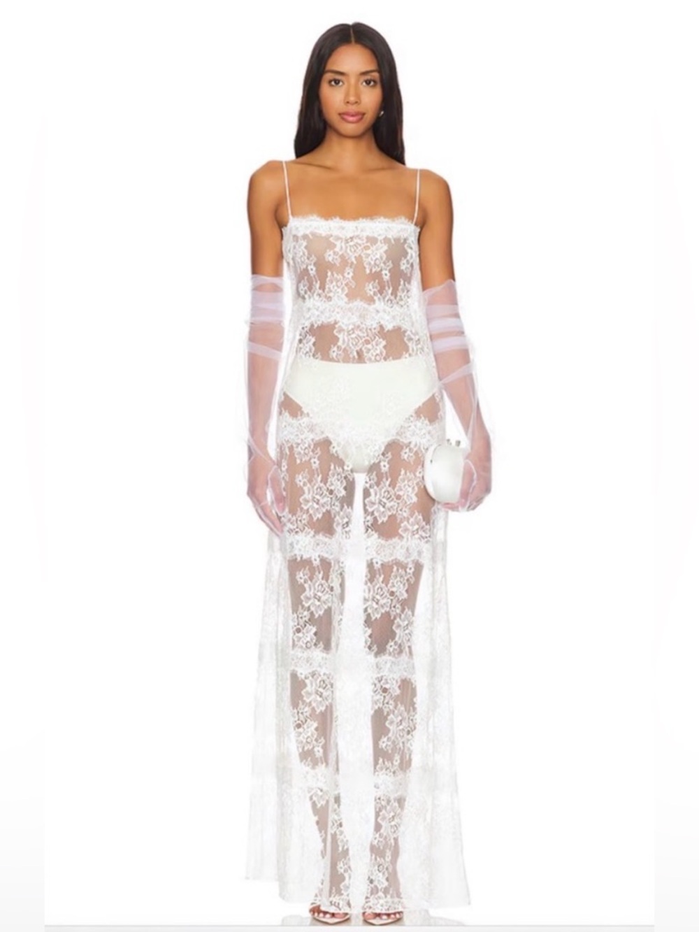 Lovers + Friends White Sheer Lace Maxi Chemise